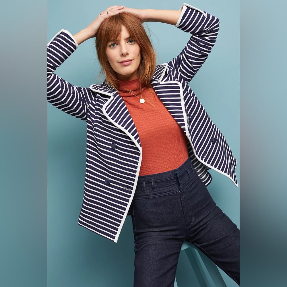 Anthropologie Size Large Striped Peacoat Jacket Blazer Navy and White